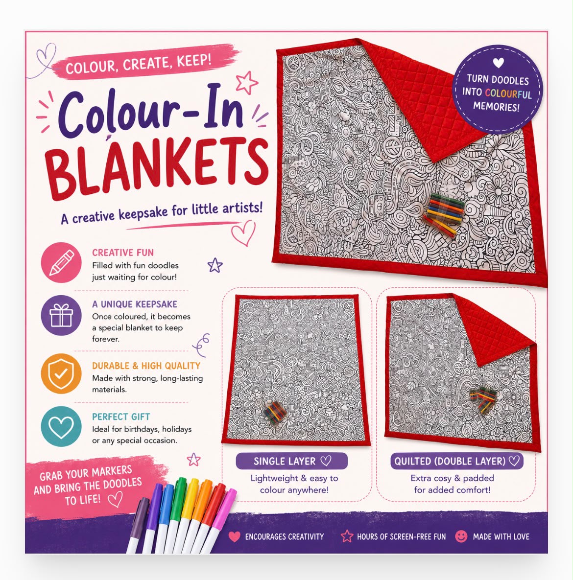 Colour-in blankets advert showing doodle blanket options